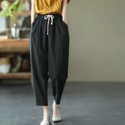 Elastic Waist Ankle Length Womens Summer Harem Pants Vintage Cotton Linen Capri Casual Loose Plus Size Candy Colors Baggy Pants