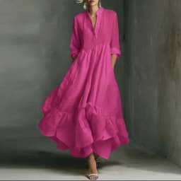 Women's Casual Dresses 2026 Spring Elegant V Neck High Waist A-Line Long Dress Retro Solid 3/4 Sleeve Ruffle Hem Boho Maxi Dress