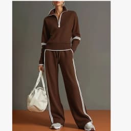 Women Quarter Zip Sweatshirt Wide Leg Pants Set Striped Trim Casual Loungewear 2 Piece Outfit for Everyday Wear and Relaxed Days