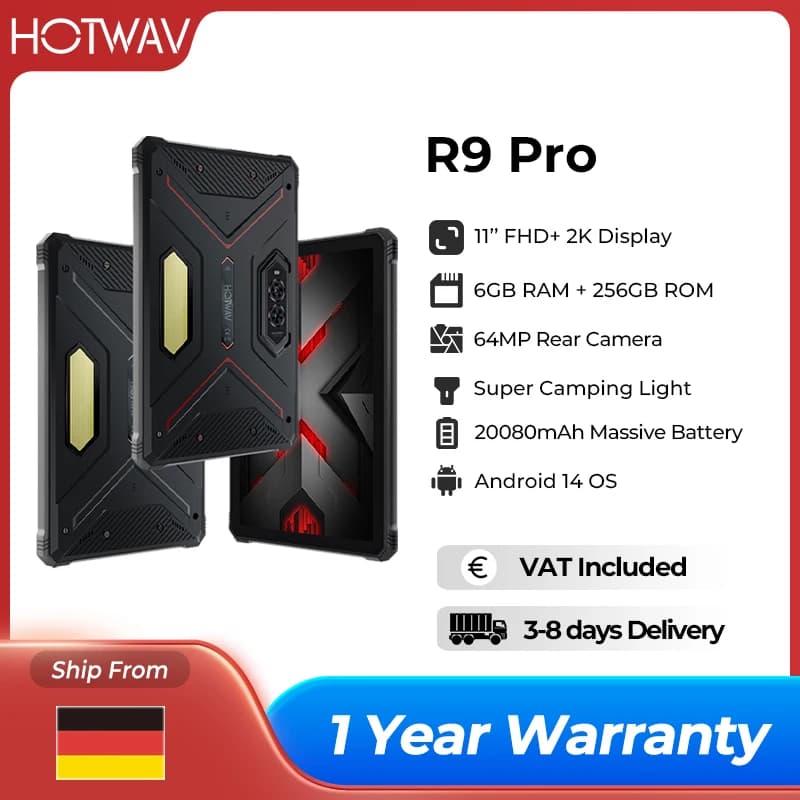 HOTWAV R9 Pro Rugged Tablet Android 14 11" FHD+ 20080mAh Pad 64MP Rear Camera 6GB 256GB Tablet PC With Super Camping Light