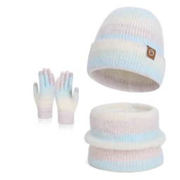 Winter Cap Gloves Scarf Set Women GradientColor Knitted Hat Thickened Fleece Lining Skullcap Outdoor Cycling Windproof Beanies