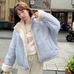 Korean Women's Reversible Striped Jacket Autumn Winter Stand Collar Fleece Lined Padded Coats Woman Loose Casual Plush Jackets