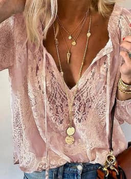 V-neck Hollow Air Quality Commuting Loose Printed Solid Color Lace Shirt Women Beach Vacation New Versatile Long-sleeved T-shirt