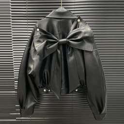 DEAT 2025 Early Autumn New Niche Back Big Bow Design Leather Jacket For Women Loose One Button Black Coat Female 11A06141