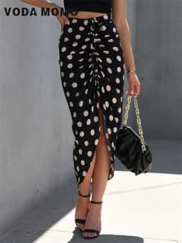 Summer Charm High Waist Split Midi Skirt Slim Party Bodycon Skirt Polk Dot Drawstring Casual Skirt Sexy Irregular Skirts Women