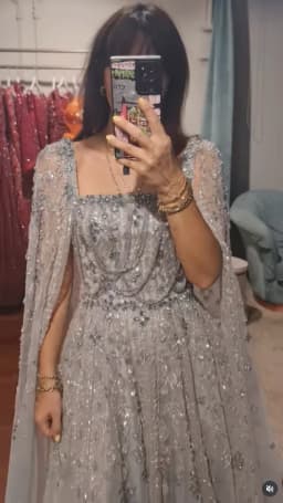 MisShow Customized Silver Gray Wedding Dress - Square Neckline with Crystal Beading, Sheer Cape Sleeves & Sparkling A Line Skirt