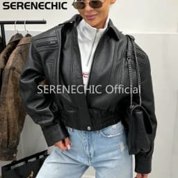 SERENECHIC Textured PU Aviator Coat with Elastic Hem Women's Black Cropped Faux Leather Jacket New Vintage Outerwear Female