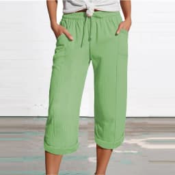Women 3/4 Muslin Trouser Lightweight Linen Pants With Pockets Causal Loose Capri Trousers Elastic Comfortable Fabric Bottom