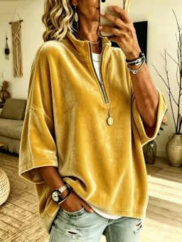 Autumn Winter Velvet Solid Half Zip Sweatshirts Stand Collar 3/4 Sleeve Loose Casual Pullover Tops Women Vacation Daily Hoodie