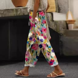 Women Casual Pants Elastic Waist Drawstring Harem Pants Digital Floral Print Beach Office Shopping Daily Long Trousers