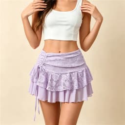 Women Floral Lace Ruffle Mini Skirt Side Drawstring Ruched High Waist Tiered Mesh Skirt Solid Color Y2K Casual Streetwear