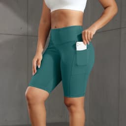 CHRLEISURE Women Solid Yoga Shorts with 3 Pockets High Waist Butt Lifting Workout Tights Gym Elastic Cycling Shorts Activewear