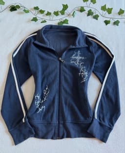 Y2K Striped Embroidered Jacket Harajuku Classic Retro Navy Blue Collared Zip Up Hoodie Goth Geometric Print Slim Fit Sweatshirt