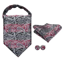 Hi-Tie Silk Mens Ascots Hanky Cufflinks Set Jacquard Paisley Floral Cravat Tie Self Vintage Ascot Black Gray Red Gold Pink Blue