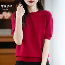 First-Line Ready-To-Wear Sweater Women's 100 Pure Wool Knitted Short-Sleeved T-Shirt Round Neck Thin Sweater Loose Half-Sleeve