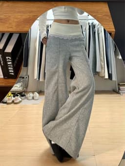 HOUZHOU Gray Lace Patchwork Women Pants Wide Leg Korean Fashion Sweatpants Solid Color Straight Trousers Baggy Basic Casual