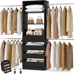 4-9Ft Closet System with 4 Wooden Drawers, Walk-in Closet Organizer Wardrobe Clothes Rack with 4 Hanging Rods, Garment Rack