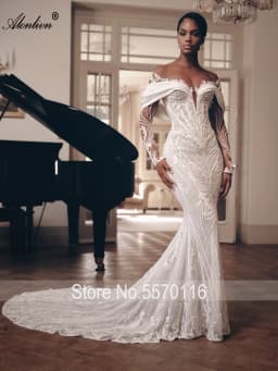 Alonlivn Custom Made Luxury Lace 2 In 1 Mermaid Wedding Dress Beading Embroidery Illusion Neck Trumpet Bridal Gowns