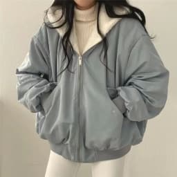 Korean Version Thickened Reversible Wear Lamb Wool Padded Jacket,Autumn and Winter Solid Color Zip-up Hooded Padded Jacket Women