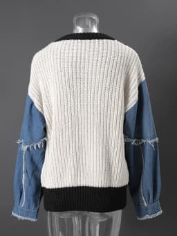 [EAM] Black Denim Color-block Big Size Knitting Sweatshirt New Round Neck Long Sleeve Women Fashion Spring Autumn 2026 CPG6698