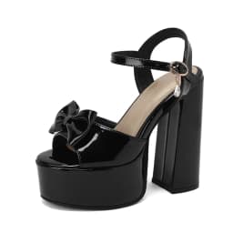 Bright Patent Leather Material, Cute Bow Tie Peep Toe Shoes Super High Thick Heels Hollowed Out Platform Sweet Women's Sandals