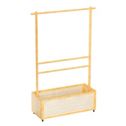 Bamboo Garment Rack, Entryway Coat Rack with Rattan Bin & Hanging Rod, 360 Degree Casters Wardrobe Closet Clothing Rack