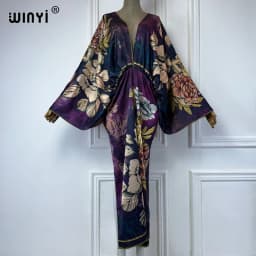 WINYI Bohemian Summer Beach Dress High Quality Double Sided Boho Printing Elegant Silk Maxi Dress Women Evening Party Kaftan