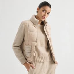 BD3621736 Women's Pure Wool Knit Hybrid Goose Down Jacket Chain Trim Pockets Stand Collar Two-Way Zip Old Money Early Autumn