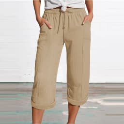 Women 3/4 Muslin Trouser Lightweight Linen Pants With Pockets Causal Loose Capri Trousers Elastic Comfortable Fabric Bottom