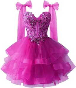 Bow Shoulder Strap Layered Chiffon Dress Starry Lace Three-dimensional Decal Youth Short Dance Sequin Dress Customized