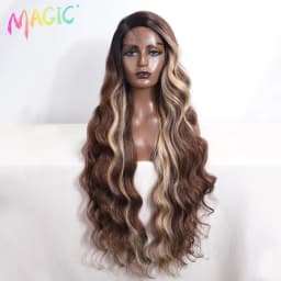 Magic Synthetic Lace Front Wig Long Wavy 36 Inch Cosplay Body Wavy Side Part Lace Wig For Women Lace Front Wig Ombre Blonde Wig