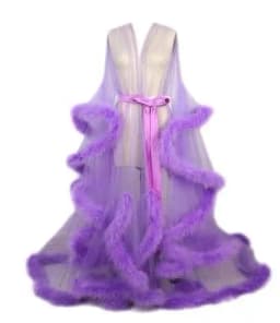 Sexy Feather Perspective Flared Sleeve Trailing Long Dress with Multiple Colors Available Mesh Women's Loose Pregnant Dress