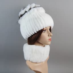 Real Rex Rabbit Fur Hat And Scarf Set Women Winter Knitted Beanie Hat Natural Fur Skullies Beanies Woman Hat Female Cap Elastic