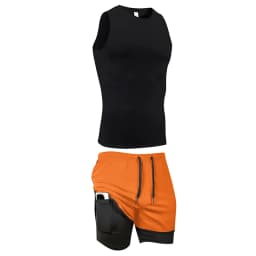 Men's Workout Running Athletic Clothing Set Sleeveless Compression Shirt Tank Top 2-in-1 Gym Shorts with Phone Pocket Towel Loop