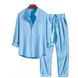 Two Pieces Single Breasted Shirts Men Sets Blouses Solid Drawstring Straight Ankle Length Pants Casual Sports Loose Pockets
