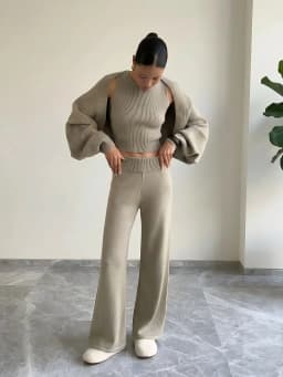Wolfeel Women's Knitted Three Piece Ribbed Sleeveless Crop Top Long Sleeved and Long Pants Set Suitable for Casual Daily Wear