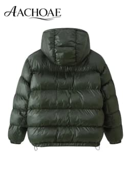 AACHOAE Women Shiny Hooded Puffer Jacket Zip Up Padded Coat with Zipper Pockets Drawstring Hem Loose Fit Warm Winter Outerwear