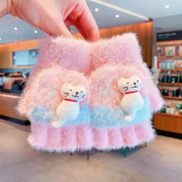 4-7Y Girls Winter 2 in 1 Convertible Flip Gloves Cute 3D Cat Decor Knitted Plush Gloves Kids Paw Print Windproof Thermal Mittens
