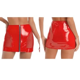 Womens PU Leather Front Zipper Mini Skirt Side Sheer Mesh Patchwork High Waist Bodycon Micro Skirt Wet Look Club Party Miniskirt