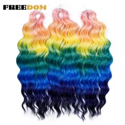 FREEDOM Synthetic Braiding Hair Extensions Deep Wavy 24 inch Long Curly Braids Hair Ombre Brown Rainbow Twist Crochet Hair