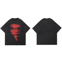 Hip Hop 2024 Summer Washed Black T-Shirt Streetwear Graphic Blurry Face T Shirt Cotton Unisex Men's Tshirt Tops Y2k Tees Hipster