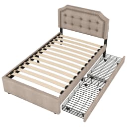 90x200cm Flat Upholstered Bed with Upholstered Nightstand Decorative Rivets&Double Drawers Bedroom Furniture for Small Spaces