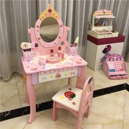 Kids Wooden Vanity Table Set with 3 Mirrors & Chair, Girls Pretend Play Dressing Table with Makeup Accessories