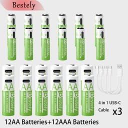 New Rechargeable1.5V AA 13600mAh+AAA 6800mAh Lithium Battery,USB Fast Charging Li-ion Battery , 2000 Cycles with USB- C Cable
