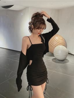 Early Autumn Drawstring Wrap Hip Baring Dress Short Outer Skirt Two Piece Set Women's High Waist Commute Korean Style Long Sl...