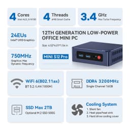 Beelink Min S12 Pro N100 Gamer Mini PC Intel 12th 16GB 512GB SSD 2.4G&5G Dual Wifi 1000M BT5.2 NVME Deskt