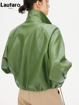 Lautaro Spring Autumn Green Short Pu Leather Jacket Women with Zipper Luxury Designer Clothes Loose Casual Korean Fashion 2026