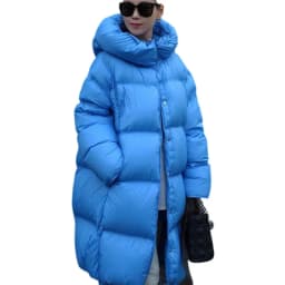 Korean Style Women Blue Hooded Down Jacket Single Breasted Loose Fit Warm Mid-length Puffer Jackets Autumn Casual Long Outerwear