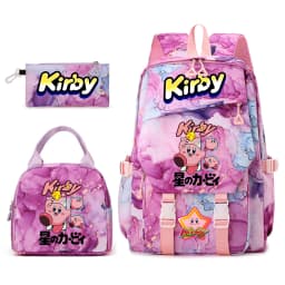 Kirby Cartoon Print Student Backpack Set for Girls with Lunch Bag and Pencil Case School Bookbag Lightweight Daypack