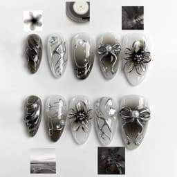 24Pcs Y2k Almond Acrylic Nails Full Cover 3D Diamond Black Nail Art Sweet Cool French Wearable Fake Nail Manicure Tips for Girls